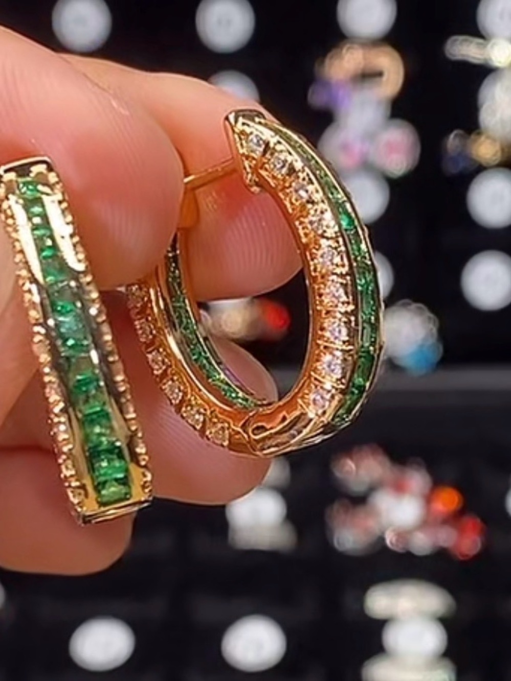 Gold Hoop Earrings with Green and Clear Stones - Women Jewelry